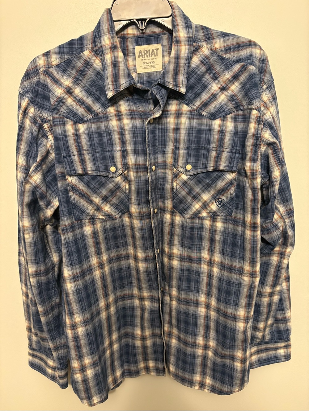 Ariat Blue and Cream Plaid Western Snap Shirt Size XL
